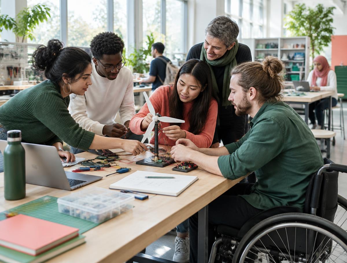 Students collaborating on a prototype at an accessible workbench