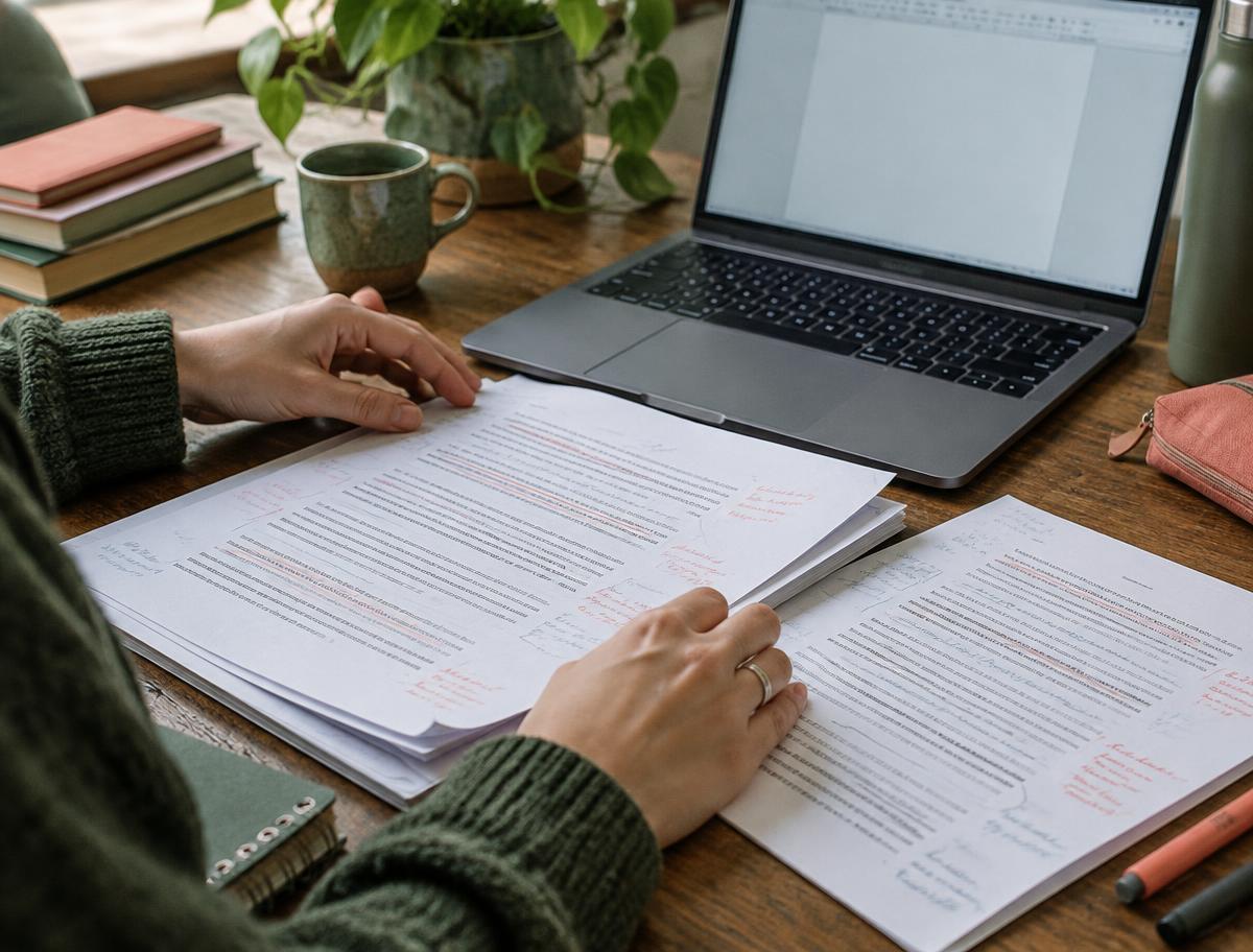 Student reviewing marked drafts beside a laptop