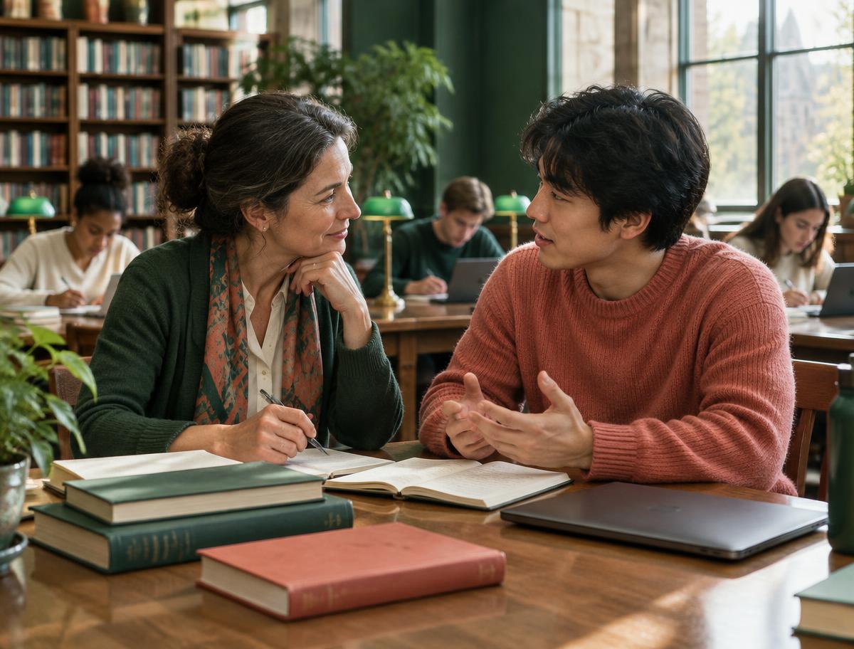 Tutor and student talking in a library
