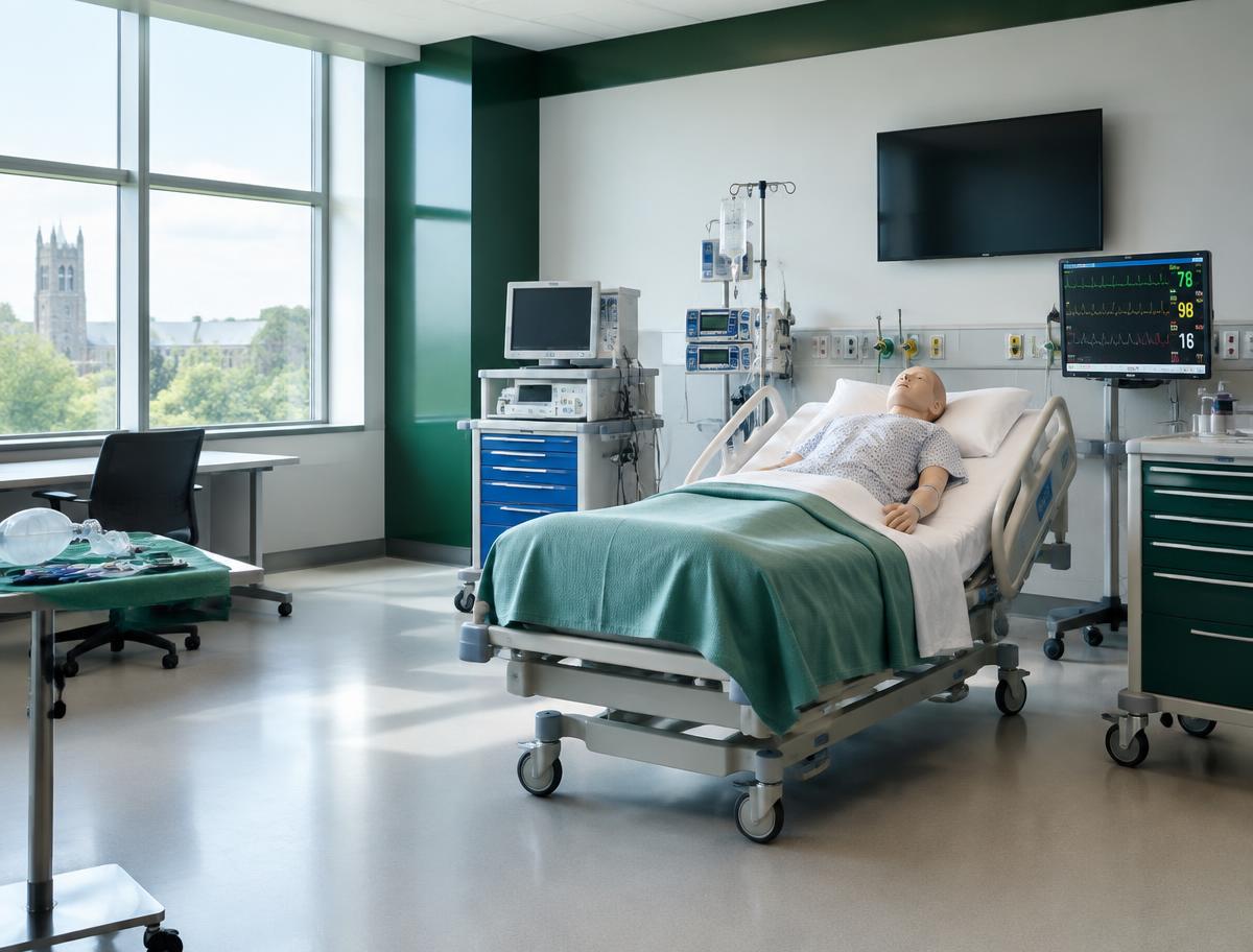 Clinical simulation training room with a medical mannequin