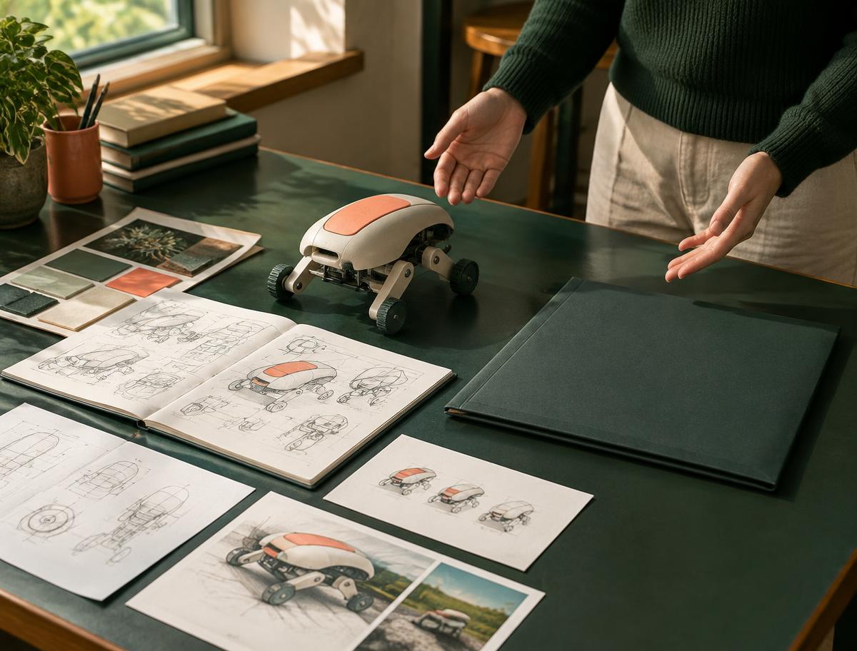 Student presenting a prototype and design portfolio