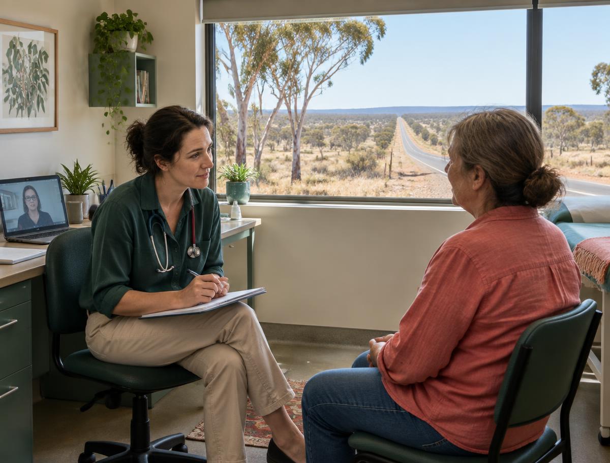 Clinician consulting with a patient at a rural clinic