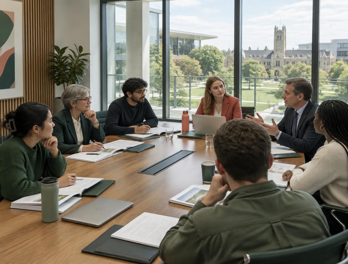 Education leaders and students in a university meeting