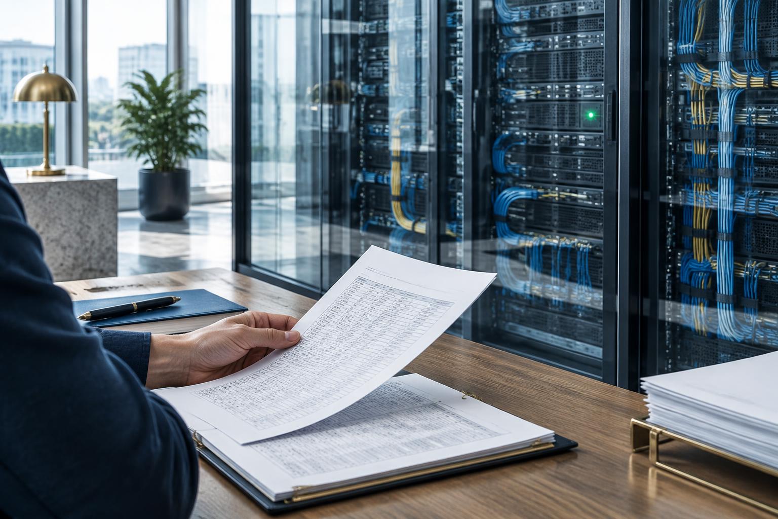 An illustrative audit review beside a server room, representing verifiable AI oversight