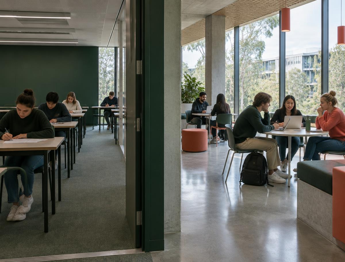 Quiet exam room beside an open collaborative study space