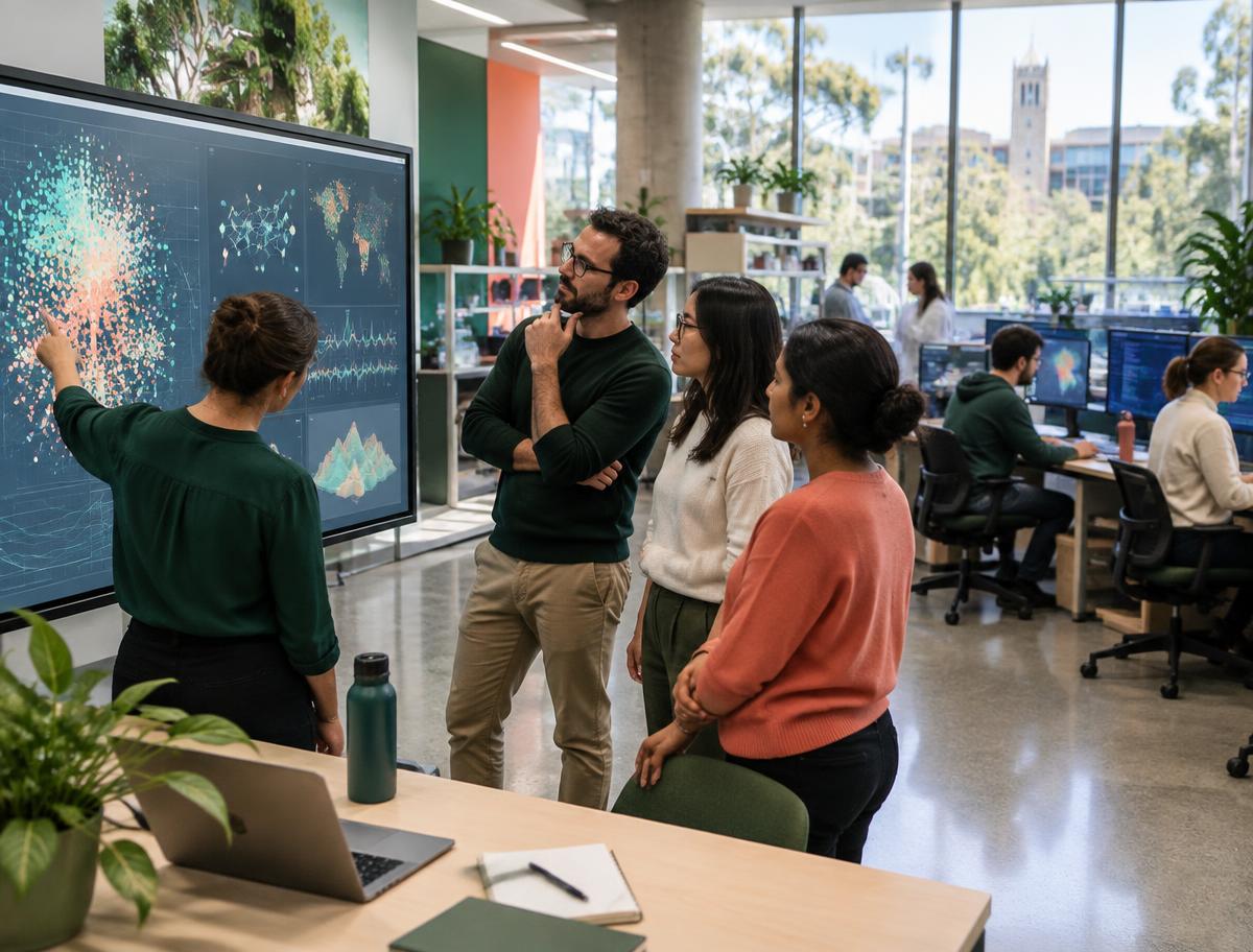Researchers discussing data in a university AI laboratory