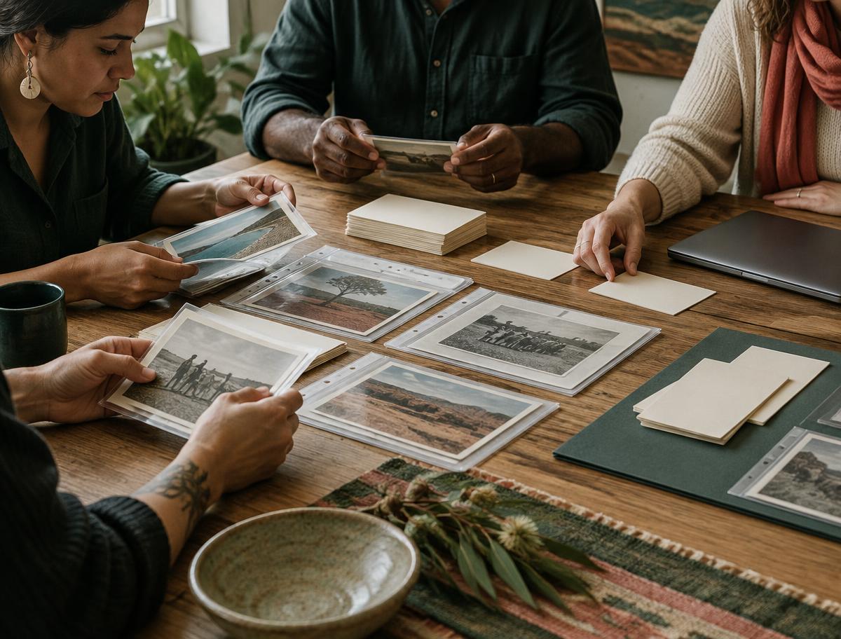 Collaborators reviewing archival photographs and data cards