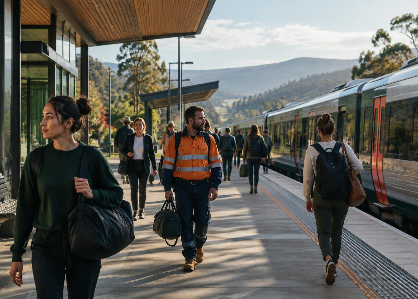 Workers at a regional train platform